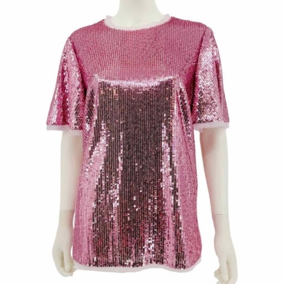PRABAL GURUNG Size 0 Pink Polyester Sequined Short Sleeve Dress Top - Picture 1 of 8
